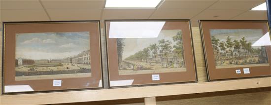 After J. Bowles and Canaleti, three 18th century hand coloured engravings, 15 x 38cm